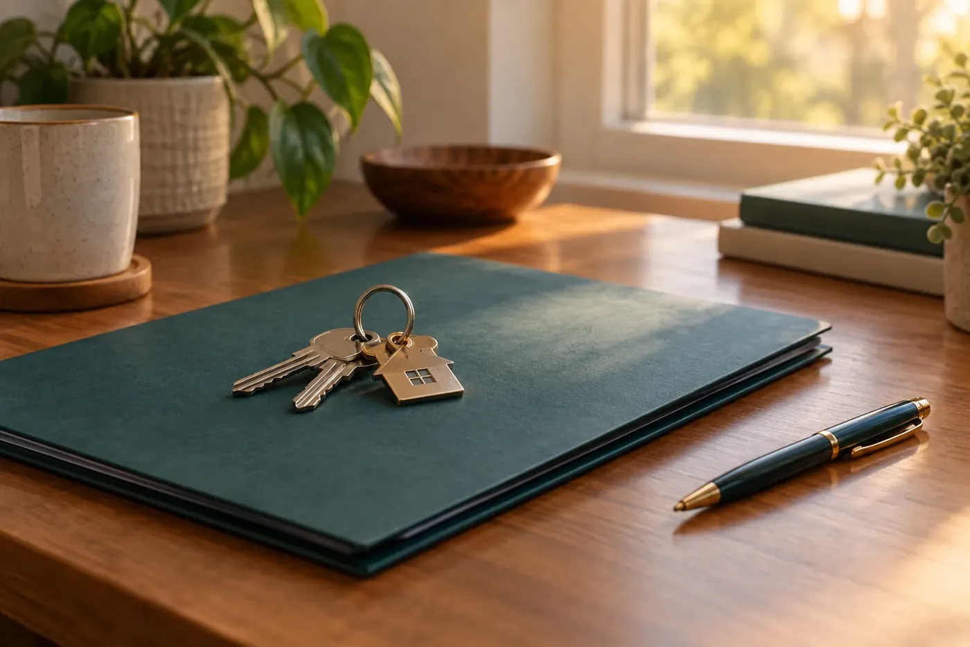 Keys resting on a signed lease agreement with household paperwork on a desk