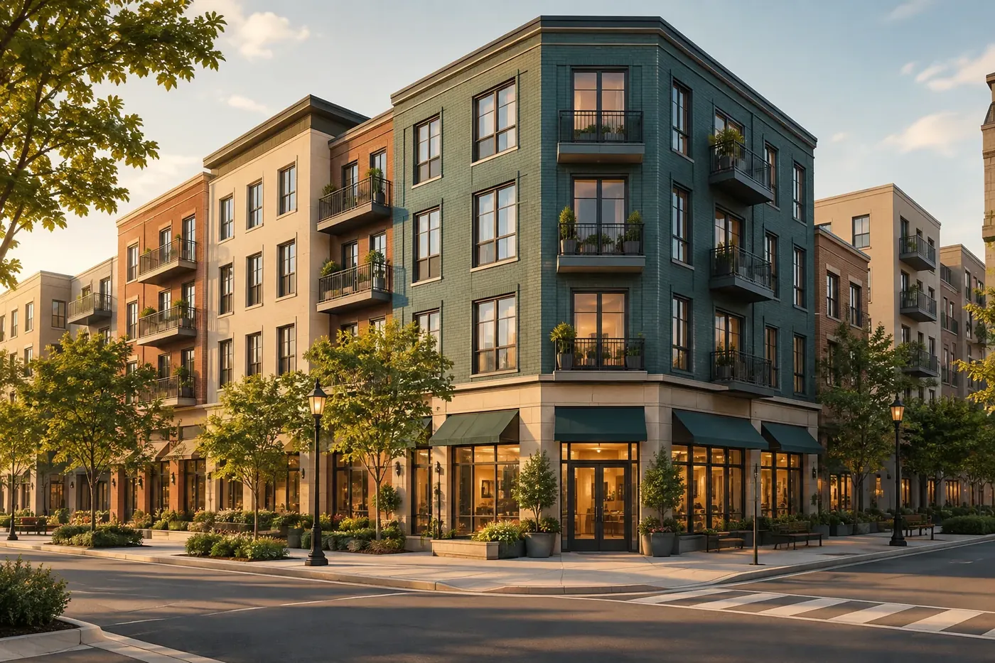 Illustration of apartment buildings with a rental price listing on a clipboard