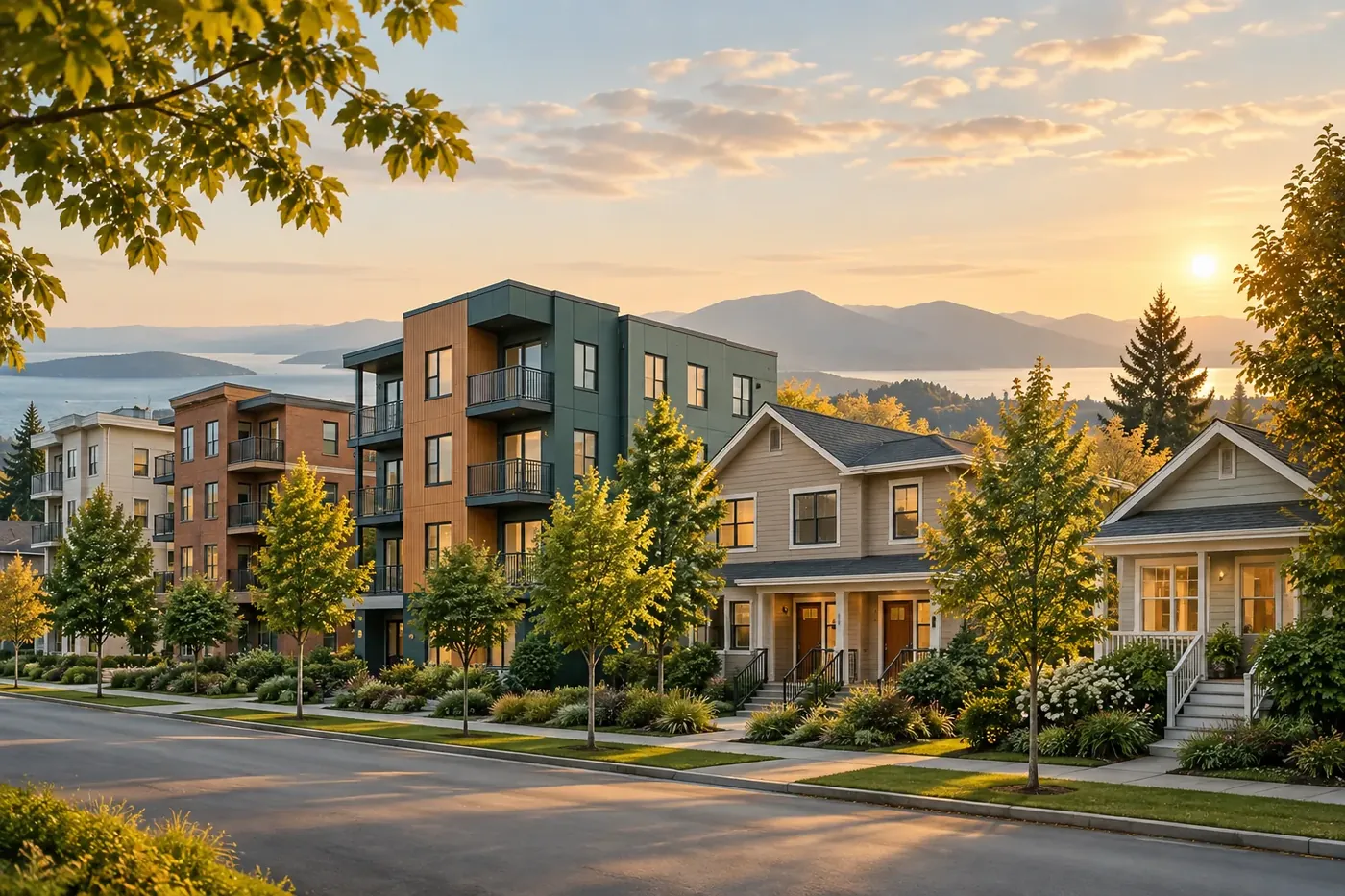 Row of townhomes and apartment buildings along a residential street at sunset
